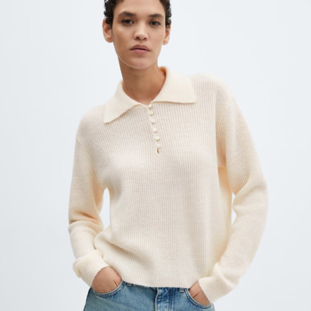 Mango Cream Ribbed Polo-Style Button Front Sweater